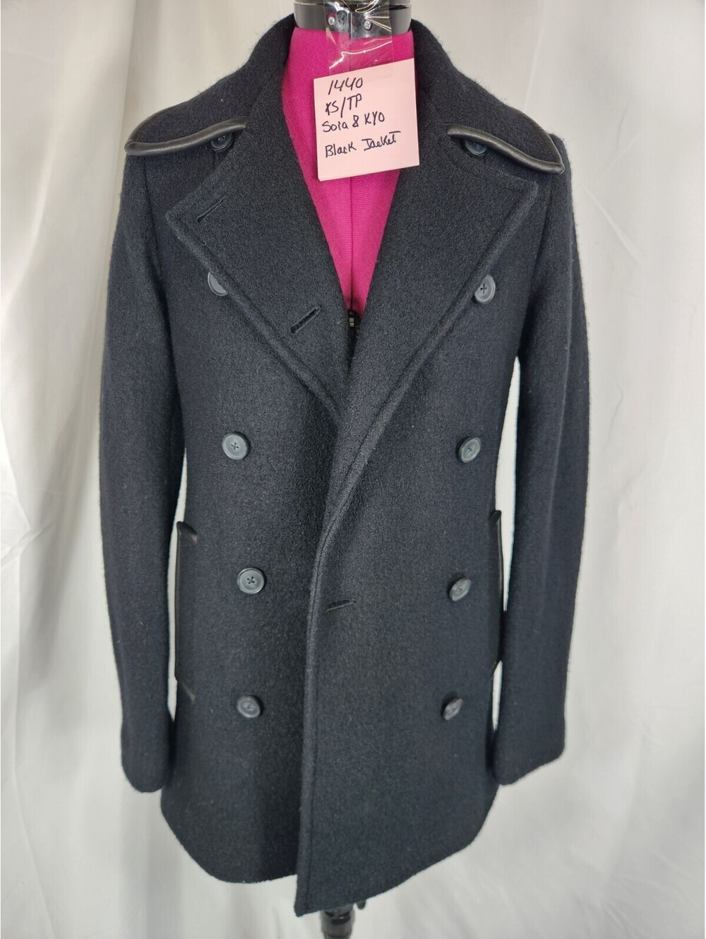 Soia & Kyo Black Wool Blend Double Breasted Leather Trim Peacoat Jacket NWOT XS